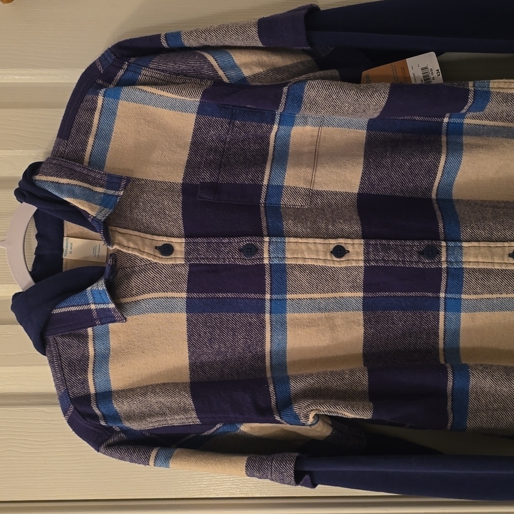 THEREABOUTS BOY'S BLUE PLAID LONG SLEEVES FRONT BUTTON HOODED FLANNEL SHIRT XL